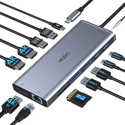 USB C Docking Station Dual Monitor HDMI for Dell HP, Laptop Docking Station 3 Monitors Triple Display USB C Hub Dock to 2 HDMI 4K,DP,Ethernet,6 USB,PD,SD/TF, Audio, USB C Adapter 14 in 1 for Lenovo