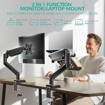 WALI Laptop Desk Mount, Single Monitor Arm with Laptop Holder, Adjustable Height Laptop Arm Mount for Desk, Fits 17” Notebook and 34” Monitors, Up to 22-26.4Lbs (GSMP001LPN), Black - size: Width 16.5", Fully Adjustable Desk Mount
