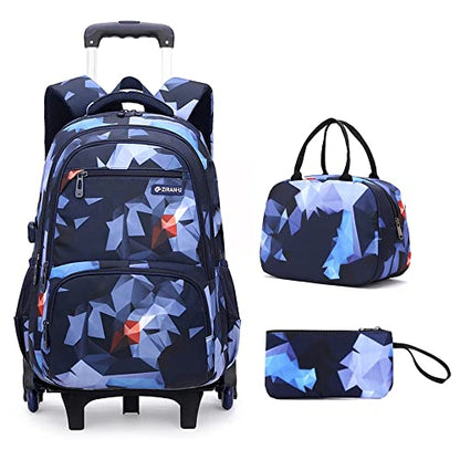 Mildame Geometric Print Rolling Backpack for School Boys Girls with Lunch Bag Teens Bookbag with Wheels Kids Trolley Bag Set, Six Wheels - color: Blue Geometric Set-6 Wheels