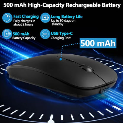Wireless Mouse for MacBook & iPad, Bluetooth 5.2/3.0 & 2.4G USB-C/USB-A, Rechargeable Silent Slim Mouse with Multi-Device Switching & Activity Mode to Prevent Screen Lock - Black - color: Black