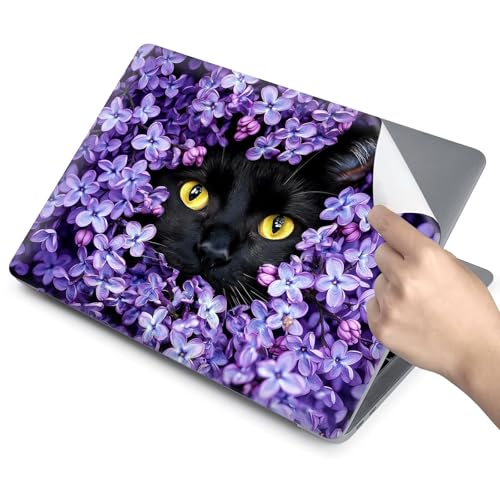 Universal Laptop Skin for 13-16 Inch Laptops,Vinyl Protective Sticker Decal,Easy DIY Trim-to-Fit for HP/Dell/MacBook,Bubble-Free & Removable,Black Cat Purple Flower - color: Black Cat Purple Flower