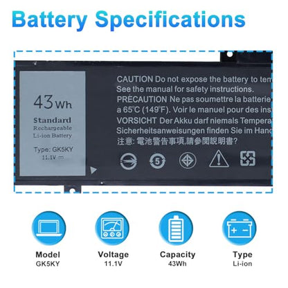 43Wh GK5KY Laptop Battery Replacement for Dell Inspiron 11 3000 3147 3148 3153 3152 3157 3158 15 7000 7558 7568 13 7353 7359 7347 7348 7352 4K8YH 92NCT RHN1C 0WF28 P20T P20T001 P55F P55F001 - size: 10.48*3.35*0.28inch GK5KY