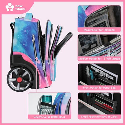 NEW TILAMI 20 Inch Rolling Backpack for School Stair-Climbing Big Wheel | Teen Boys Girls Carry-on Suitcase Large Organizer Compartment 15.6 Laptop Sleeve Adjustable Handle Roller Travel Bag College - color: Pop Gradient