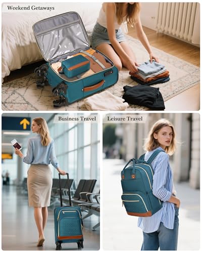 RAINSMORE Carry On Luggage with wheels, Softside Suitcases Set 3 Piece | 22x14x9 Airline Approved, Luggage Sets with Backpack & Toiletry Bag, Rolling Suitcase with TSA Lock, for Travel Weekender - color: Green-Brown