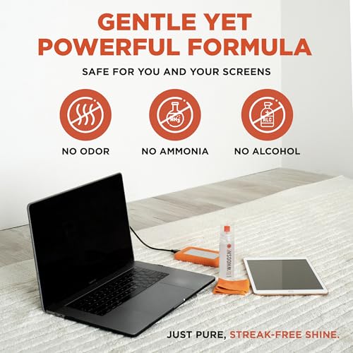WHOOSH Screen Cleaner and Wipe Kit Duo, 3.7 fl oz + 0.3 fl oz | Large and Travel Size Bottles, Non Toxic and Odorless, For iPad, MacBook and Car Screens, 2 Microfiber Cloths - size: 3.7 Fl Oz (Pack of 1)