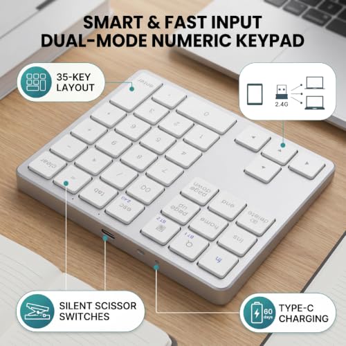 Wireless Number Pad, 35 Key Quiet Scissor Switch, Ultra Light Compact, Bluetooth 2.4G Dual Mode, Rechargeable, for Laptop PC Desktop (White) - color: White