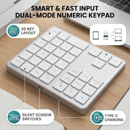 Wireless Number Pad, 35 Key Quiet Scissor Switch, Ultra Light Compact, Bluetooth 2.4G Dual Mode, Rechargeable, for Laptop PC Desktop (White) - color: White