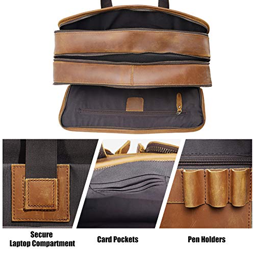 Men's Full Grain Leather Briefcase Large 17 Inch Business Travel Laptop Messenger Bag Tote with YKK Metal Zippers - color: Light Brown