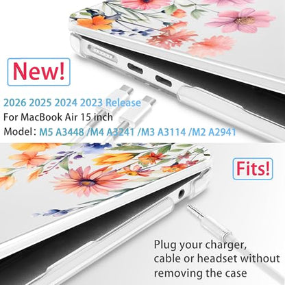 Mektron for 2026/2025/2024/2023 MacBook Air 15 INCH M5 A3448 /M4 A3241 /M3 A3114 /M2 A2941 Case, Printed Plastic Hard Shell Cover with 15.3" Liquid Retina Display Touch ID, Floral P165 - color: Floral P165