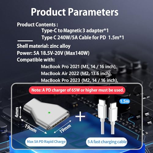 USB C to Magnetic 3 140W Charging Adapter Safe 3 Compatible with MacBook Pro 2023 (M2, 14/16 inch), MacBook Air 2022 (M2), MacBook Pro 2021 (M1, 14/16 inch) with 240W USB C Cable (1.5M) - size: Magnetic 3