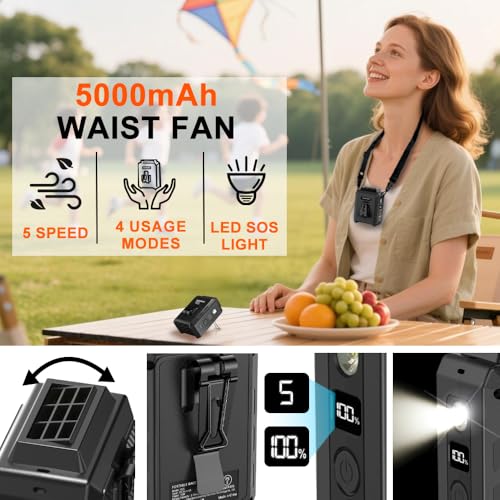 CAZOKASI Personal Waist Clip Fan Rechargeable Wearable Hand Free Wearable Cooler Fan for Traveling Working Outdoor Office (5000mAh / Black) - size: 5000mAh / Black