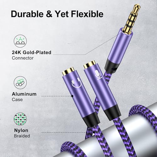 Headphone Splitter Cable 3.5mm Male to 3.5mm Female Headphone & 3.5 mm Microphone Jack Adapter Audio Stereo Y Splitters Adapter HiFi Sound Aux Extension Cable for Earphone Phone PS5 PS4 Switch Tablets - color: purple