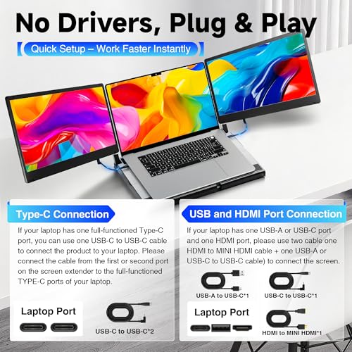 Laptop Screen Extender, 14" FHD 1080P Triple Portable Monitor for Laptops, Stretchable Base and Detachable Screen, Plug & Play, Monitor Extender for 13–17.3" Laptops, Compatible with Window/Mac/Chrome - size: 14" Triple Screen