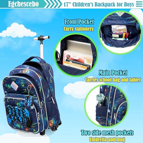 Kids Rolling Gamepad Backpack for Boys Luggage Suitcase With Wheels Trolley Wheeled POP Roller Backpacks for Elementary Travel School Bags 17" 3PCS Toy Backpack With Lunch Box Blue - color: 041123-yoxishoubing