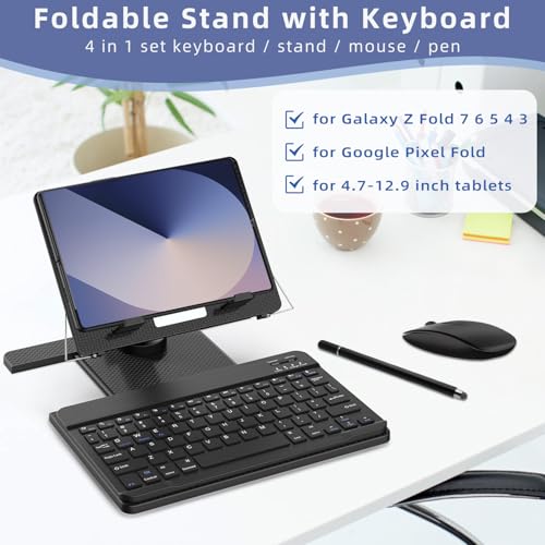 for Samsung Galaxy Z Fold 7 6 5 4 / Z Trifold Stand and Keyboard Mouse 4 in 1 Set, Portable Bluetooth Keyboard Plus Foldable Adjustable Tablet Stand Holder for 4.7" to 13" Tablets Smartphones