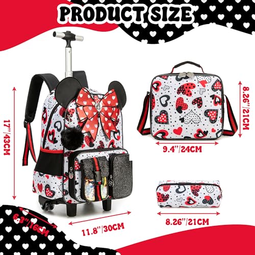 Meetbelify Backpack with Wheels for Girls Rolling Backpack Cute Carry on Backpack Kids Luggage with Lunch Box Pencil Case for Elementary Student - color: Bowknot Red