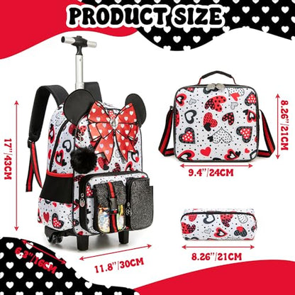 Meetbelify Backpack with Wheels for Girls Rolling Backpack Cute Carry on Backpack Kids Luggage with Lunch Box Pencil Case for Elementary Student - color: Bowknot Red
