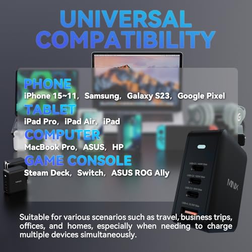 MINIX 165W USB C Charger, 140W PD 3.1 GaN Fast Charging Station for MacBook | 4-Port Travel Power Adapter (US/EU/UK Plugs) for MacBook Pro 16", iPad Pro, iPhone 17 16 Pro Max, Galaxy S25 S24, Steam Deck