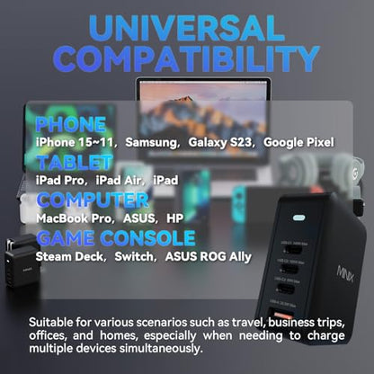MINIX 165W USB C Charger, 140W PD 3.1 GaN Fast Charging Station for MacBook | 4-Port Travel Power Adapter (US/EU/UK Plugs) for MacBook Pro 16", iPad Pro, iPhone 17 16 Pro Max, Galaxy S25 S24, Steam Deck