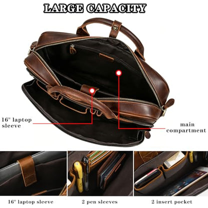 Leather Laptop Bag for Men Briefcase Fits 15.6 Inch Notebook Portable Shoulder Messenger Crossbody Bag for Travel Office - color: Dark Brown