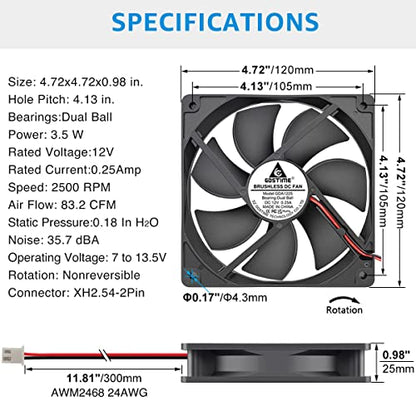GDSTIME 120mm x 25mm 12V 2Pin Computer Case Cooling Fan Dual Ball Bearing | for Ice Maker, Wine Cooler, Power Supply, RV Fridge, Quartz Heater - 2500 RPM, 120x120x25mm, 12 Volt DC Brushless PC Fans - size: 120x25mm