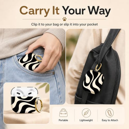 Compatible with AirPod 4 Case 2024, Cute Hard Plastic Protective Cover for Airpod 4th Generation Women, Shockproof Shell Skin with Gold Ring Keychain,Abstract Wavy Black Beige - color: Abstract Wavy Black Beige