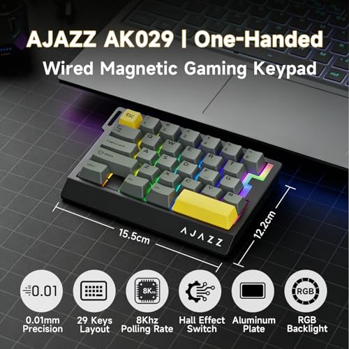 AJAZZ AK029 Wired One-Handed Hall Effect Mechanical Gaming Keypad, 29 Keys | Magnetic Switch, Rapid Trigger, 8KHz Polling, SOCD/DKS, RGB Backlit, Web Driver Customizable, Portable, Black Gray - color: Black Gray