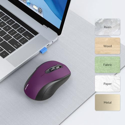 TECKNET 2-in-1 Bluetooth Mouse (BT 5.0/3.0+2.4Ghz), 6-Level 4000 DPI-Purple | BT 5.0/3.0 & 2.4G wireless mouse with 4000 DPI, silent clicks, ergonomic design, and USB receiver for laptop and PC. - color: Purple