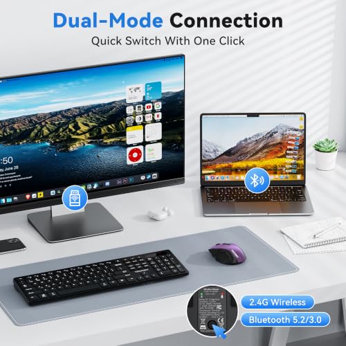 TECKNET Wireless Mouse for Laptop, Dual-Mode Bluetooth Wireless Mouse | (BT5.2/3.0 & 2.4G) Connection, Ergonomic Design, 5-Level DPI, Silent Click, Compatible with Laptop/PC/Windows/Chromebook - color: Purple