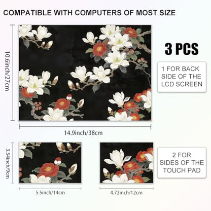 3Pcs Magnolia Flowers Laptop Skin Sticker Plants Universal Removable Vinyl Stickers Fits for 12.1 13 14 15.6 16 Inch Waterproof Notebook Decal Cover Gift for Woman - color: Black White and Red