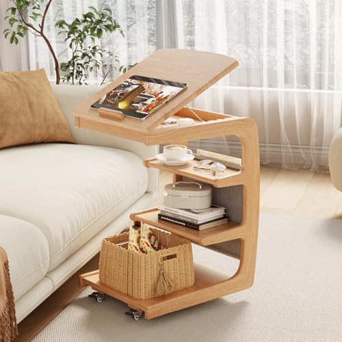 AQIMUELE Wooden C-Shaped End Table,Couch Desk with 2 Lockable Wheels,4-Tier Couch Table with Storage Bag,Small Rolling Side Table Tv Trays for Couch, Living Room,Bedroom (Natural) - color: Natural, size: 15.6"D x 15.7"W x 24.8"H, style: Modern 4 Tier