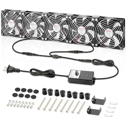 Wathai 120mm x 5 Small Box Computer Fan with AC Plug 110V 120V Dual Ball | Dual Ball with Variable Speed Controller for External GPU, Server Rack Cabinet, Chicken Coop, Window Exhaust Cooling - style: 5x120mm fan