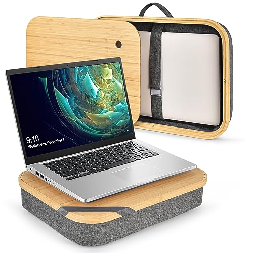 Mayjoy Bamboo Laptop Lap Desk with Storage, Removable Cover, Gray | Use laptops up to 15.6” on the bamboo top; store tablets, notebooks, mouse, cables, and pens inside. - color: Gray