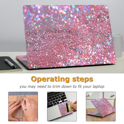 Universal Laptop Skin Sticker with 2 Wrist Pad Decals, 3-Piece Removable Vinyl Laptop Cover, Pink Glitters Waterproof Anti-Scratch, Easy-Trim Fit for 13.3" 14" 15.6" Laptops - color: Pink Glitters
