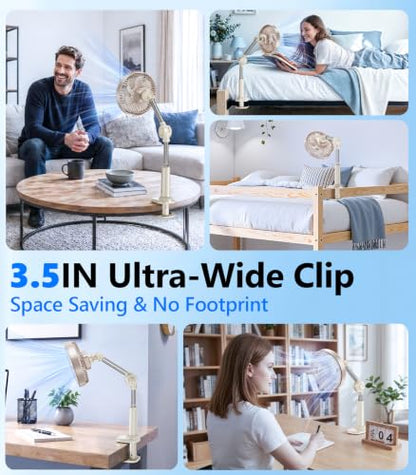 Adjustable Arm Clip On Fan for Desk, Gooseneck Clamp Fan, 3000mAh Battery | 3-Speed Quiet Desk Fan with Strong Clamp, Flexible 360° Arm Adjustment for Office, Bedroom, Dorm, Gaming Desk & Home（Brown） - color: Brown