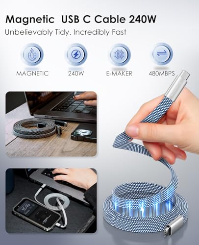 Magnetic 240W USB C to USB C Cable, Coiled USB Type C Cable Fast Charging for iPhone 15/15 Plus/15 Pro/15 Pro Max, MacOS, i-Pad Pro, Samsung Galaxy S24/S23/S22 Ultra, Switch 5FT Blue | Winding Cable Fast Charging for iPhone 17/16/15 Plus/15 Pro/15 Pro Max