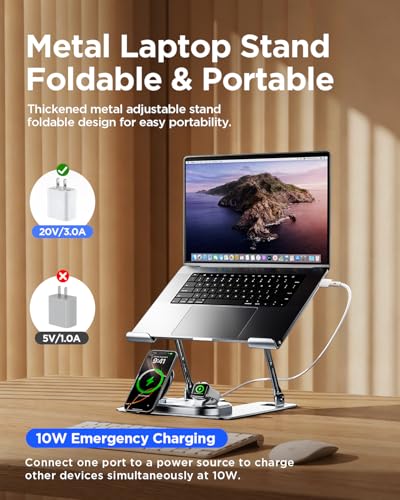 Adjustable Laptop Stand with Wireless Charger, 3-in-1 Charging Station for Phone and Watch, Ergonomic Aluminum Notebook Riser with LED Light, Qi2 Fast Charging (Silvery)