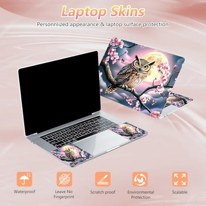 Laptop Skin Sticker Decal 12" 13" 13.3" 14" 15" 15.6",Waterproof Scratch Resistant Vinyl,Reusable Easy to Apply,for MacBook HP Dell Notebooks Netbooks Laptop,2 Wrist Pads,Cherry Blossom Owl - color: Cherry Blossom Owl
