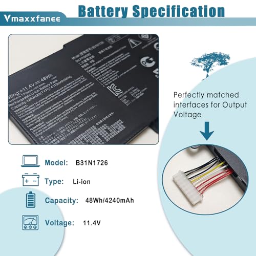 48Wh B31N1726 Laptop Battery Replacement for ASUS TUF Gaming A15 FA506 FA706II FA506IU A17 FA706II FX504 FX505 FX80 FX80G FX80GE FX80GM FX80GD FX86 FX86FE FX86FM Series HSTNN-UB7A TPN-Q173 - size: 7.28*3.77*0.31inch B31N1726