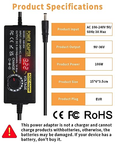 108W Universal Power Supply 9V 12V 14V 15V 16V 18V 19V 20V 24V 30V 36V Adjustable Variable AC/DC Adapter with Voltage Displays, 100V-240V AC to DC 9V~36V Converter 0.5A 1A 1.2A 1.5A 2A 2.5A 3A Max - style: 9-36V 3A 108W