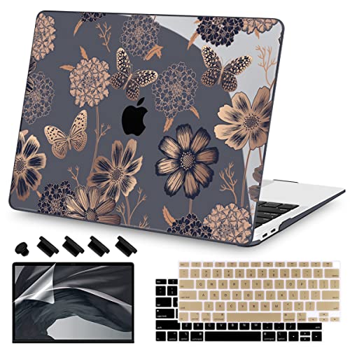 Teryeefi for MacBook Air 13 inch Case 2021 2020 2019 2018 Release (Model A2337 A2179 A1932 Retina Display with Touch ID), Plastic Hard Shell Case & Keyboard Cover for MacBook Air 13 M1, Gold Flowers - color: Gold Flowers
