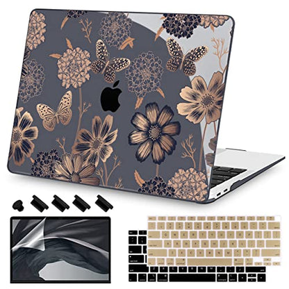 Teryeefi for MacBook Air 13 inch Case 2021 2020 2019 2018 Release (Model A2337 A2179 A1932 Retina Display with Touch ID), Plastic Hard Shell Case & Keyboard Cover for MacBook Air 13 M1, Gold Flowers - color: Gold Flowers
