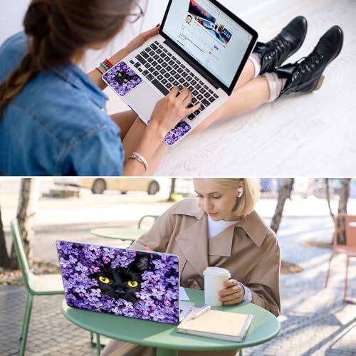 Universal Laptop Skin for 13-16 Inch Laptops,Vinyl Protective Sticker Decal,Easy DIY Trim-to-Fit for HP/Dell/MacBook,Bubble-Free & Removable,Black Cat Purple Flower - color: Black Cat Purple Flower
