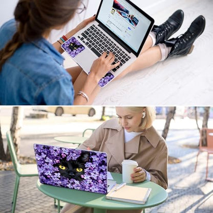 Universal Laptop Skin for 13-16 Inch Laptops,Vinyl Protective Sticker Decal,Easy DIY Trim-to-Fit for HP/Dell/MacBook,Bubble-Free & Removable,Black Cat Purple Flower - color: Black Cat Purple Flower