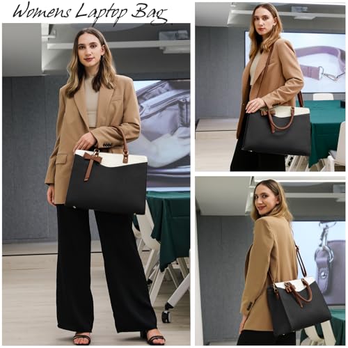 RAINSMORE Laptop Bag for Women 15.6 Inch PU Leather Tote Bag Professional Business Office Work Bag Waterproof Briefcase Computer Tote Bag Large Capacity Lightweight Handbag Shoulder - color: Black-beige-dark Brown