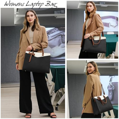 RAINSMORE Laptop Bag for Women 15.6 Inch PU Leather Tote Bag Professional Business Office Work Bag Waterproof Briefcase Computer Tote Bag Large Capacity Lightweight Handbag Shoulder - color: Black-beige-dark Brown