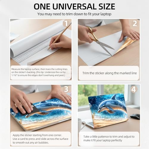 Golden Dolphin Beach Universal Laptop Skin Sticker 3PCS, Protective Decal Trim-to-Fit 11.6" 13.3" 14" 15.6" Laptop Vinyl Cover, Removable Anti-Scratch Computer Decal Protector - color: Golden Dolphin Beach