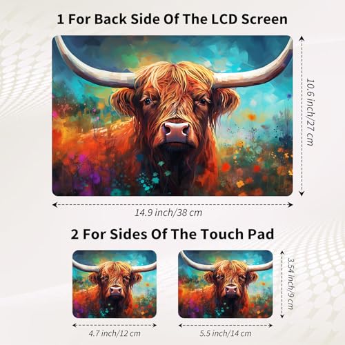 Laptop Skin Sticker 3-Piece Set,Highland Cow and Flowers | Trim-to-fit 3-piece vinyl set with one 15 x 10.6 in lid skin and two palm-rest decals for many 12-15.6 in laptops - color: Highland Cow And Flowers