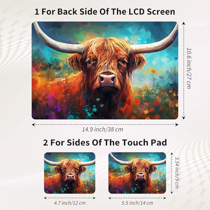 Laptop Skin Sticker 3-Piece Set,Highland Cow and Flowers | Trim-to-fit 3-piece vinyl set with one 15 x 10.6 in lid skin and two palm-rest decals for many 12-15.6 in laptops - color: Highland Cow And Flowers
