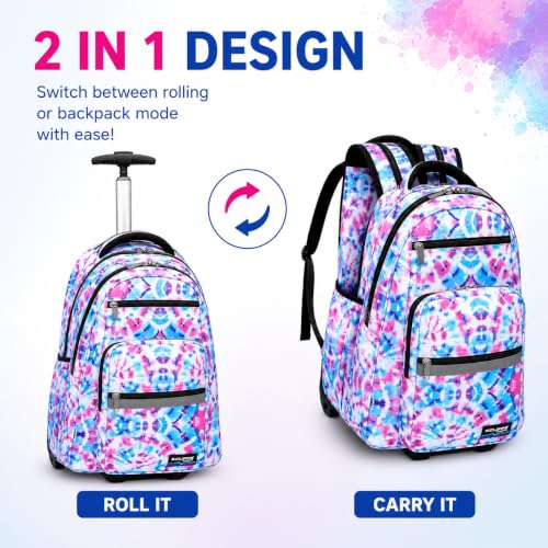 Heavy Duty Rolling Backpack School Bookbag with Wheels Deluxe Wheeled Daypack - color: Pastel